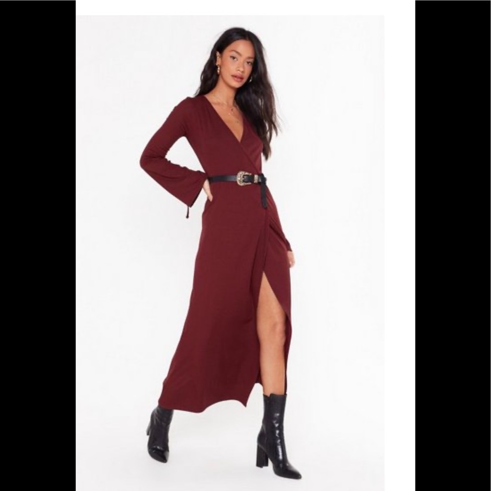 Nastygal Burgundy Bell sleeve maxi wrap dress